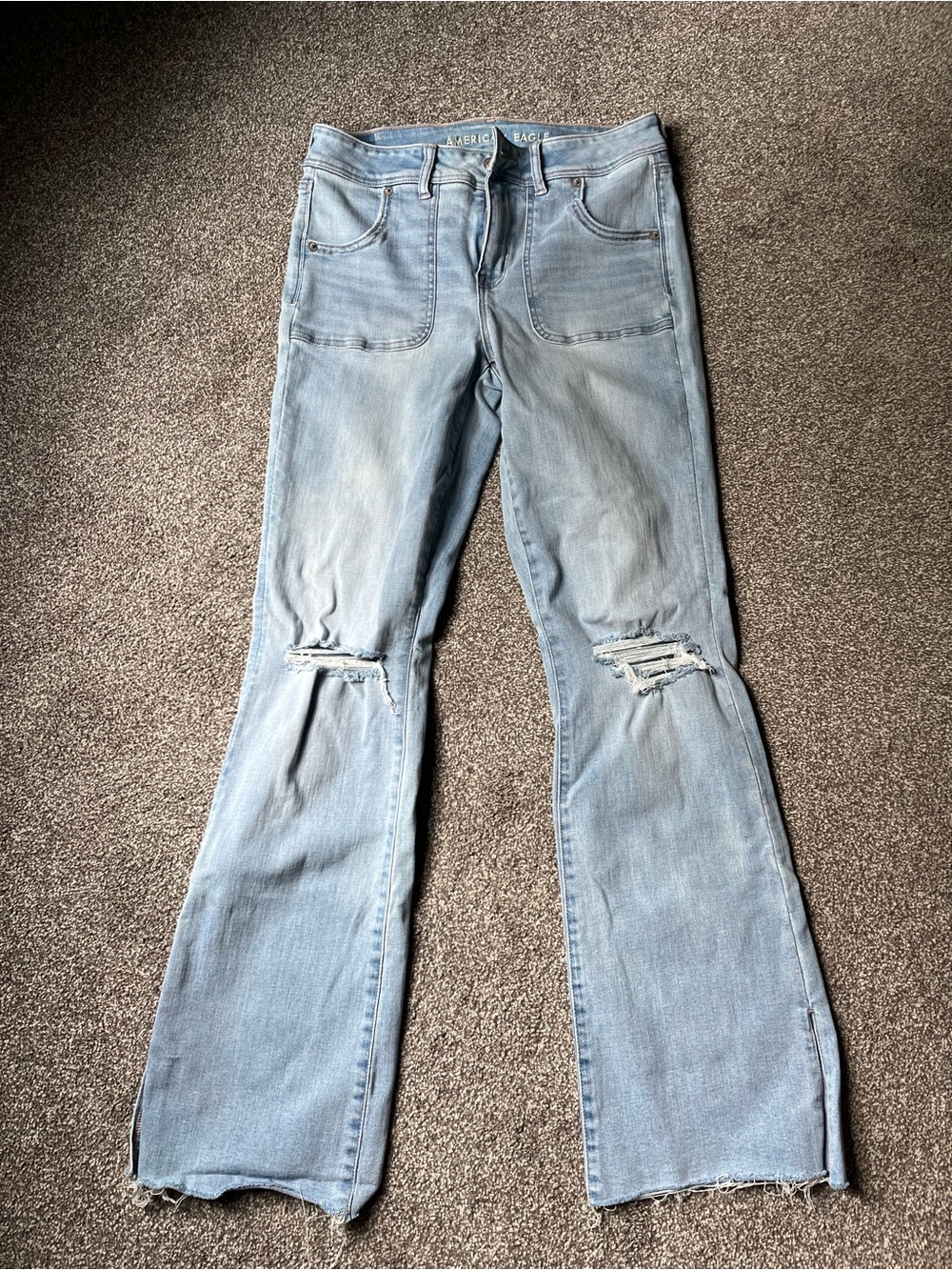American Eagle Outfitters Light Blue Flare Jeans with Knee Distress